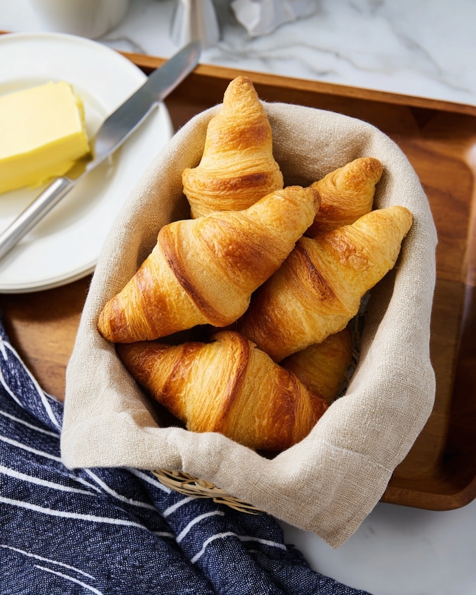 A basket lined with a beige cloth holds seven golden-brown croissants stacked unevenly, showing their flaky and layered texture with some light cracks. Beside the basket is a white plate with a block of yellow butter and a silver butter knife. The setting is on a white marbled surface with part of a wooden tray and a blue and white striped cloth visible in the frame. Photo taken with an iphone --ar 4:5 --v 7