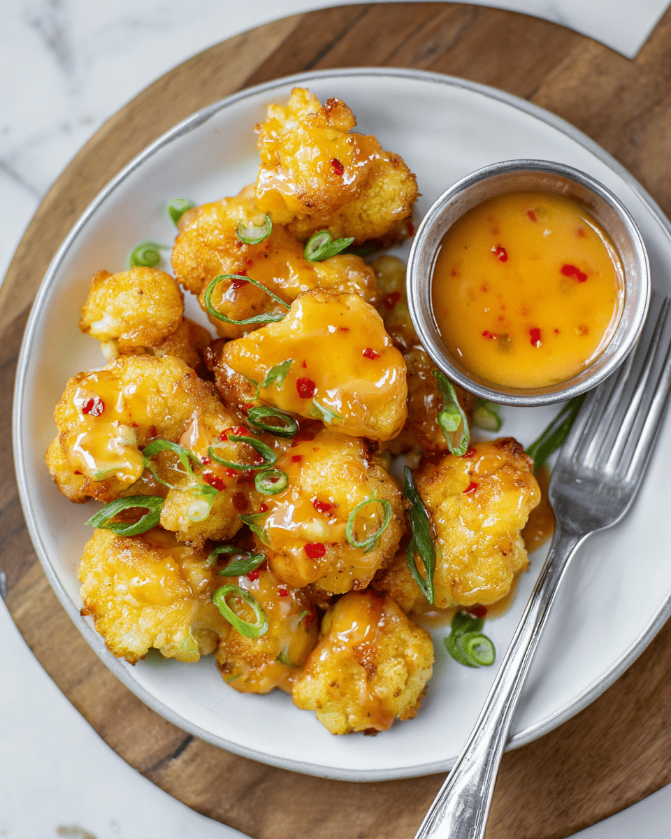 A white plate holds a stack of golden fried cauliflower bites, each piece topped with a glossy, light orange sauce that has small red specks. Scattered bright green sliced scallions add a fresh touch on top of the cauliflower. In the center of the plate, a small round metal cup is filled with the same orange sauce. A silver fork rests on the right side of the plate, near one cauliflower piece. The plate is on a wooden board over a white marbled surface. Photo taken with an iphone --ar 4:5 --v 7