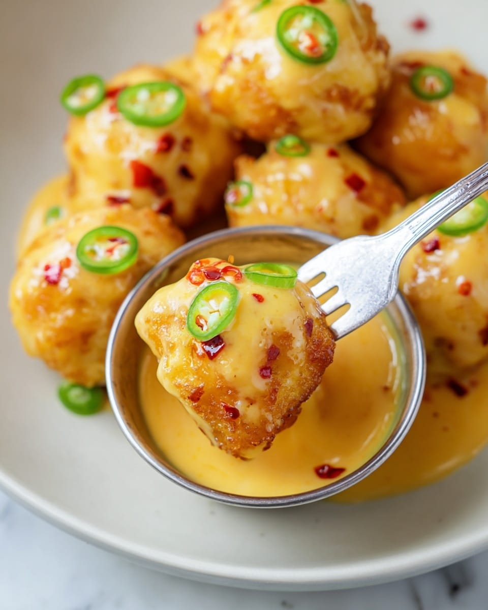 The image shows small golden-brown fried balls covered in a thick, creamy orange sauce with red chili flakes, sitting on a white plate with a white marbled background. Each ball has a slightly crispy texture with a smooth sauce layer on top, garnished with thinly sliced green chili rings. One ball is held by a silver fork, dipped halfway into a small metal cup filled with the same sauce, highlighting details in the sauce and the ball’s crunchy surface. The whole scene has warm, vivid colors and a close-up focus that shows details of the sauce's creamy and slightly chunky texture. Photo taken with an iphone --ar 4:5 --v 7