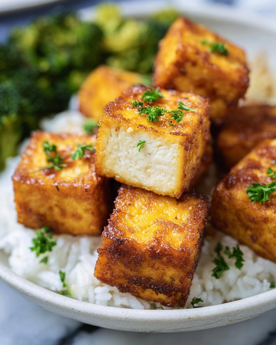 The image shows a close-up of several golden-brown, crispy tofu cubes arranged on a bed of white rice in a white bowl. Each tofu cube has a textured, crunchy outer layer with a soft, white interior visible in one piece that is cut in half. Small green parsley leaves are sprinkled on top of the tofu for a touch of color. In the background, some cooked green broccoli florets are partially visible, adding a vibrant green contrast. The bowl sits on a white marbled surface. photo taken with an iphone --ar 4:5 --v 7