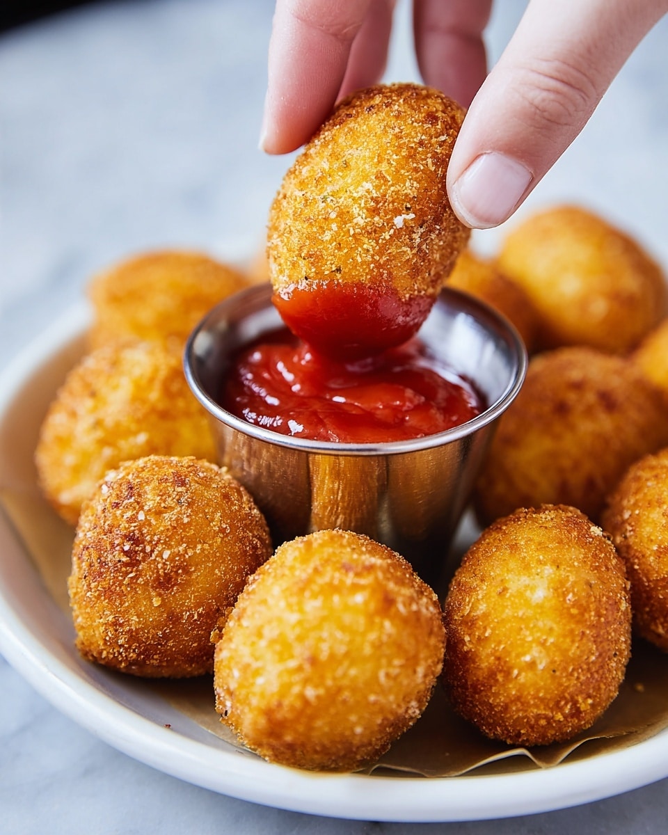 A close-up image shows a woman's hand dipping a small, golden-brown fried ball into a small steel cup filled with bright red ketchup. The fried balls are round with a crispy, textured surface and are arranged closely around the cup on a white plate sitting on a white marbled surface. The color contrast highlights the warm golden tones of the fried balls against the vibrant red ketchup and the shiny steel cup. Photo taken with an iphone --ar 4:5 --v 7