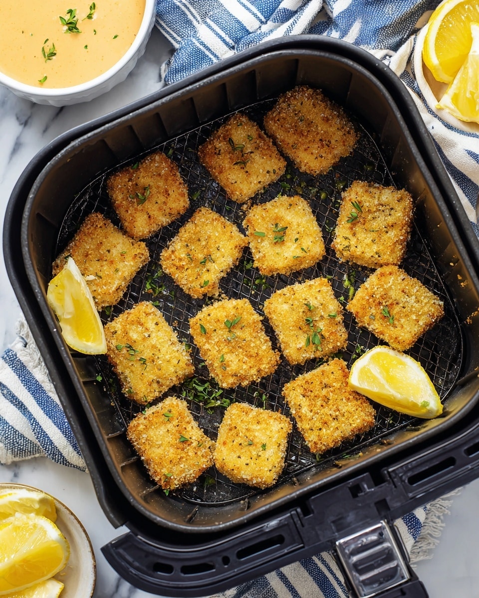 Inside a black air fryer basket, there are about twenty golden-brown crispy breaded square pieces spread out loosely in one layer, with some small green herb sprigs sprinkled over them. Two bright yellow lemon wedges rest inside the basket near the edges. The basket is placed on a white marbled surface with a blue and white striped cloth visible beneath. In the background, there is a small white bowl with lemon wedges and a white bowl containing a creamy orange sauce. photo taken with an iphone --ar 4:5 --v 7
