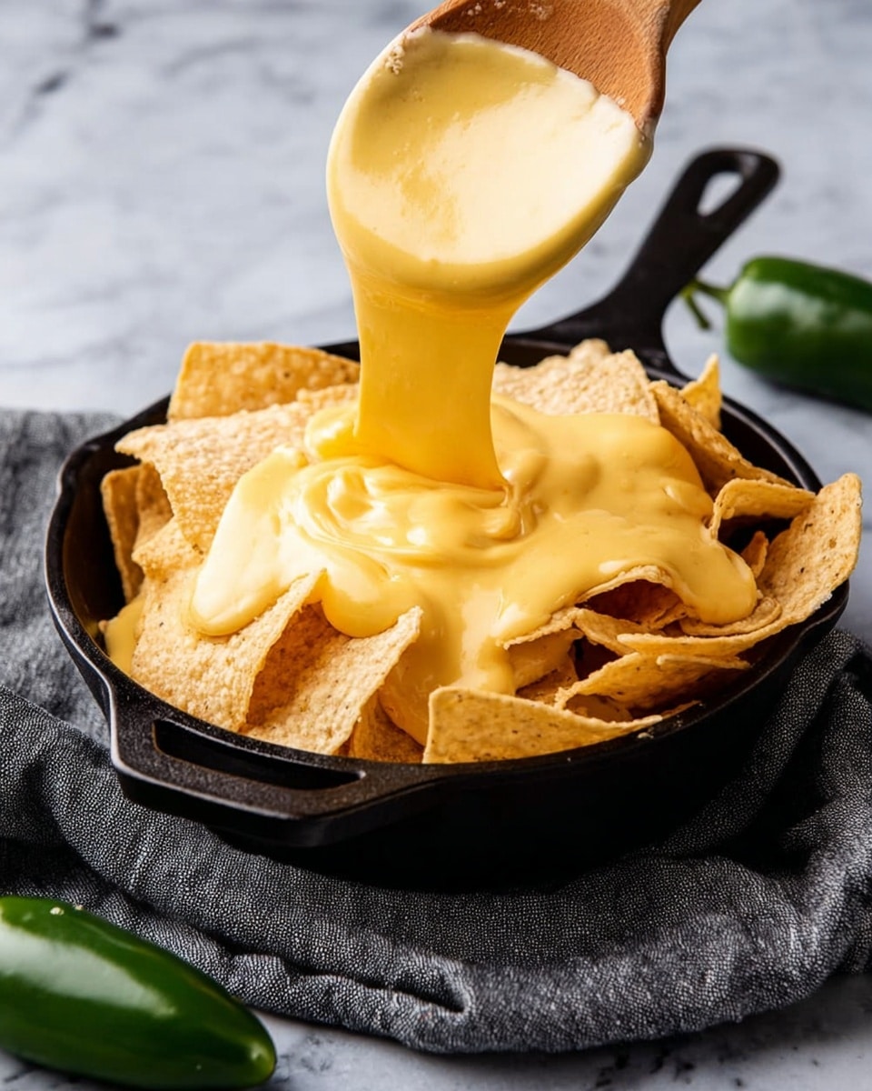 A black cast-iron skillet filled with crispy, light brown tortilla chips is shown, with a creamy, smooth yellow cheese sauce being poured over them from a wooden spoon. The cheese sauce is thick and glossy, spreading over the chips in flowing folds. The skillet is placed on a gray cloth with a textured pattern, and two green jalapeño peppers are visible in the lower right corner on a white marbled surface. photo taken with an iphone --ar 4:5 --v 7
