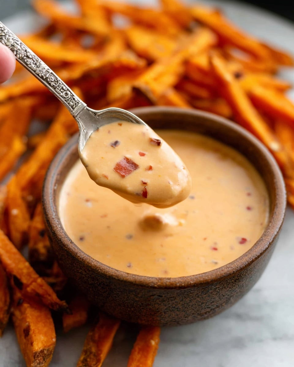 A round black bowl lined with crumpled parchment paper filled with a pile of golden-brown sweet potato fries that have crispy edges and some darker burnt spots. In the center of the fries is a small round bowl filled with thick, creamy light orange dipping sauce with small bits visible inside. A few fries are scattered outside the bowl on a white marbled surface along with a folded gray cloth partially visible at the bottom left. photo taken with an iphone --ar 4:5 --v 7
