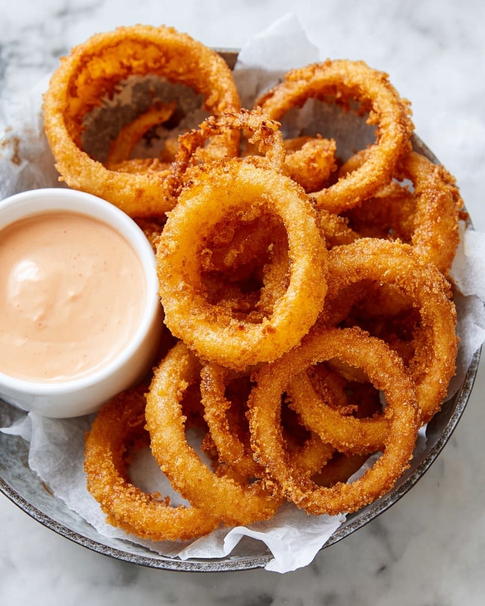 A round metal pan lined with white parchment paper holds a pile of golden-brown, crispy onion rings with a crunchy texture. The onion rings form an overlapping layer with some rings slightly tilted, showing their soft inside. On the left side of the pan, a small white bowl contains a smooth, pale pink dipping sauce with a glossy surface. The background is a white marbled texture. Photo taken with an iphone --ar 4:5 --v 7