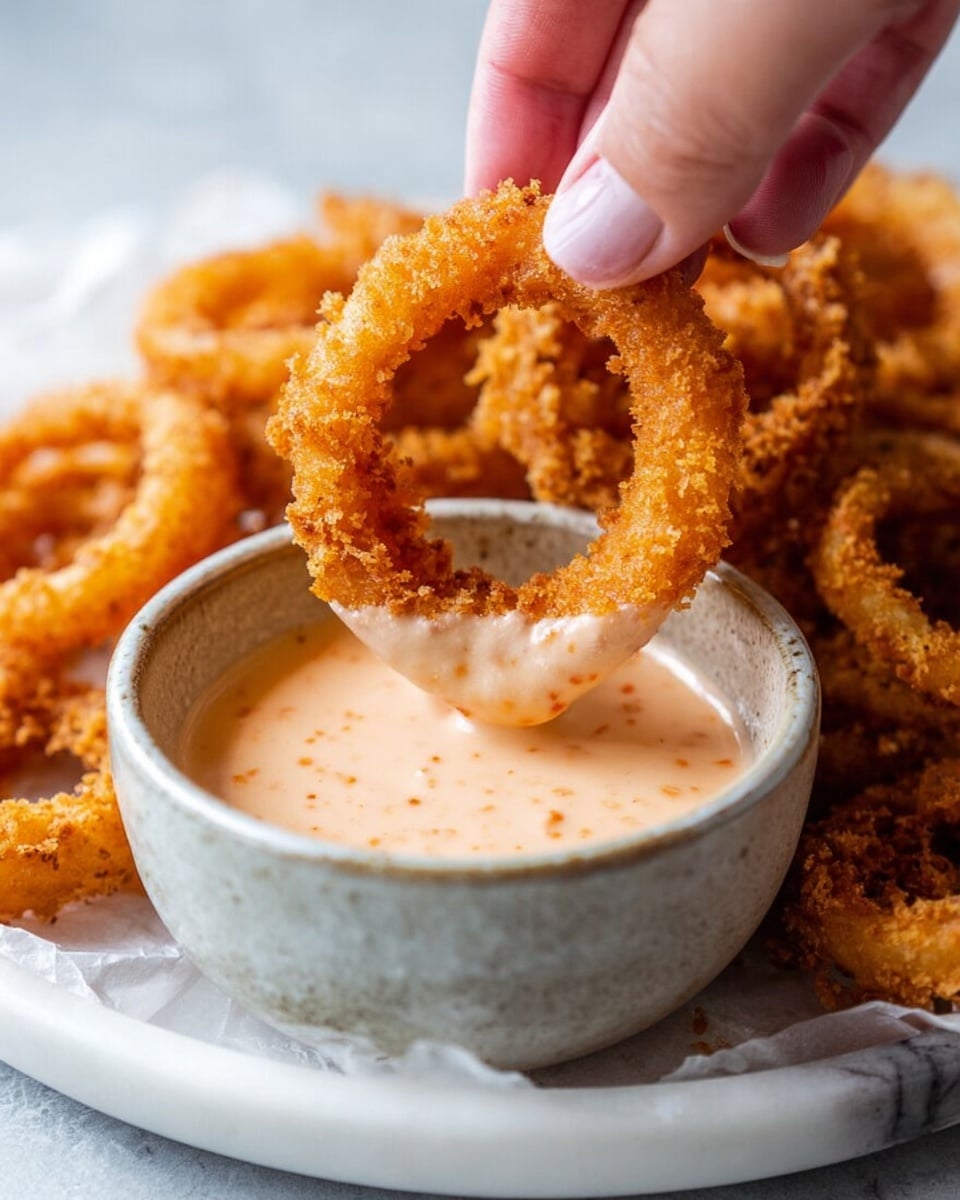 A close-up of a crispy golden-brown onion ring being dipped into a small bowl filled with creamy, light orange dipping sauce with tiny specks. The onion ring has a crunchy, textured coating, and a woman's hand is holding it at the top. The bowl sits on a white plate with a white marbled texture underneath, surrounded by more golden onion rings piled around it. The scene focuses on the contrast between the crunchy onion rings and the smooth dipping sauce. Photo taken with an iphone --ar 4:5 --v 7