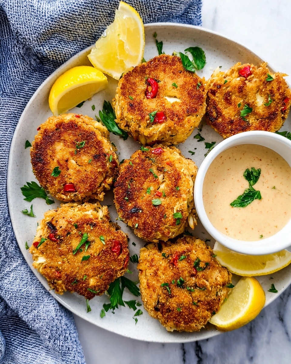 A white round plate holds six golden-brown crab cakes with a crispy, slightly rough surface showing bits of crab meat and small red pepper pieces, arranged in a loose circular pattern with some fresh green parsley leaves scattered on top. To the right edge of the plate, there is a small white bowl filled with a creamy, light tan dipping sauce garnished with a small green herb. Around the plate, there are bright yellow lemon wedges with herbs sprinkled on them. The background is a white marbled texture, and a blue and white striped cloth is placed near the top left edge. photo taken with an iphone --ar 4:5 --v 7