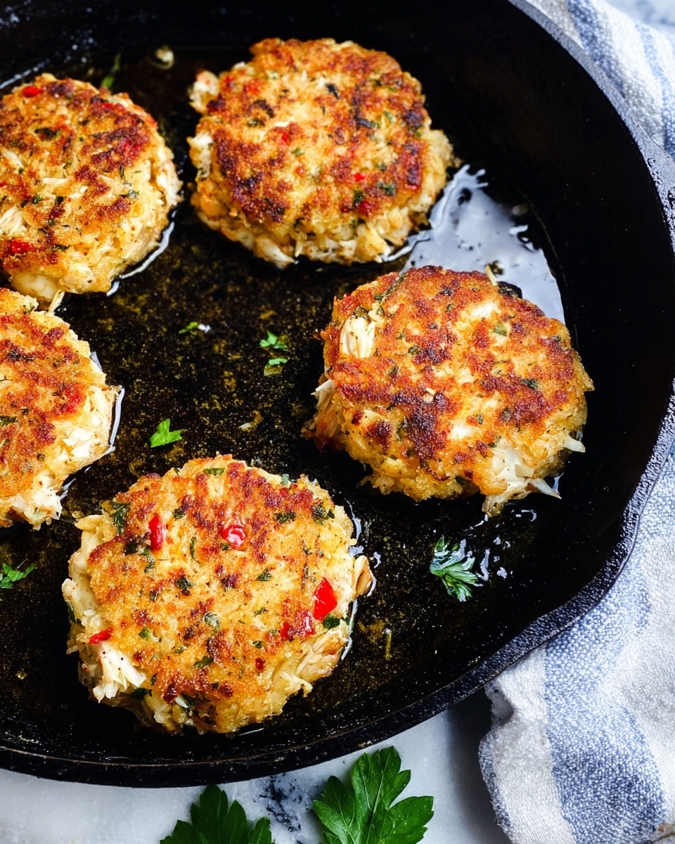 The image shows five golden brown crab cakes in a black cast iron pan. Each cake has a rough, crumbly texture with visible white crab meat, small bits of green herbs, and tiny red pepper pieces scattered throughout. The cakes are evenly spaced, with some glistening oil around them, highlighting their crispy exterior. The background around the pan has a white marbled texture and a corner of a blue and white cloth is visible on the side. A few green parsley leaves are seen at the bottom left corner near the pan. photo taken with an iphone --ar 4:5 --v 7