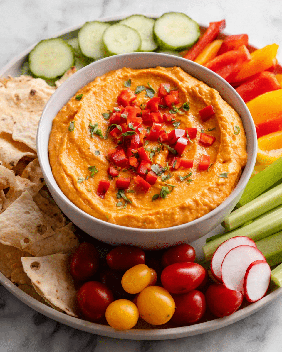 A white bowl filled with smooth, thick orange dip topped with small diced red peppers and sprinkled green herbs sits in the center of a white plate. Around the bowl are slices of light green cucumber with seeds showing, bright red and yellow cherry tomatoes, green celery sticks, colorful mini bell peppers in orange, yellow, and red, pale pink radish slices, and a pile of light beige pita chips with rough edges. Everything rests on a white marbled surface. photo taken with an iphone --ar 4:5 --v 7