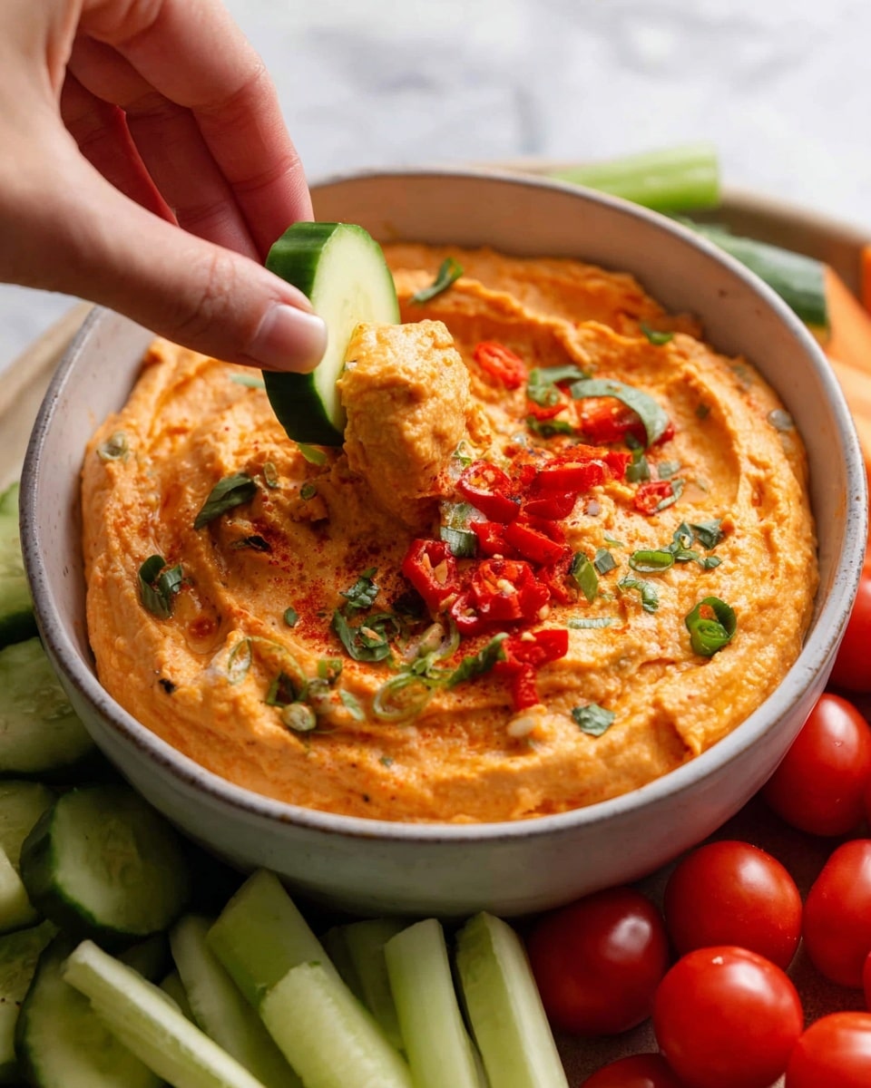 A close-up view of a white bowl filled with a thick, creamy orange spread topped with small pieces of red peppers and green herbs. A woman's hand is dipping a fresh green cucumber slice into the spread. Surrounding the bowl are fresh vegetable sticks and round cherry tomatoes, all placed on a white marbled surface. The colors are vibrant with the bright orange dip, green cucumber, and red tomatoes creating a fresh and inviting scene. photo taken with an iphone --ar 4:5 --v 7