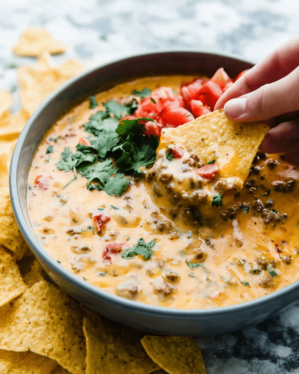 A close-up top view of a rustic bowl filled with creamy, light orange cheese dip mixed with small chunks of ground meat and tomatoes, creating a slightly chunky texture throughout. On top, there is a cluster of fresh, bright green cilantro leaves and diced red tomatoes adding a fresh contrast. A woman's hand is dipping a large, triangular, light beige tortilla chip with a rough texture into the dip. Around the bowl, several similar tortilla chips are scattered on a white marbled surface. photo taken with an iphone --ar 4:5 --v 7