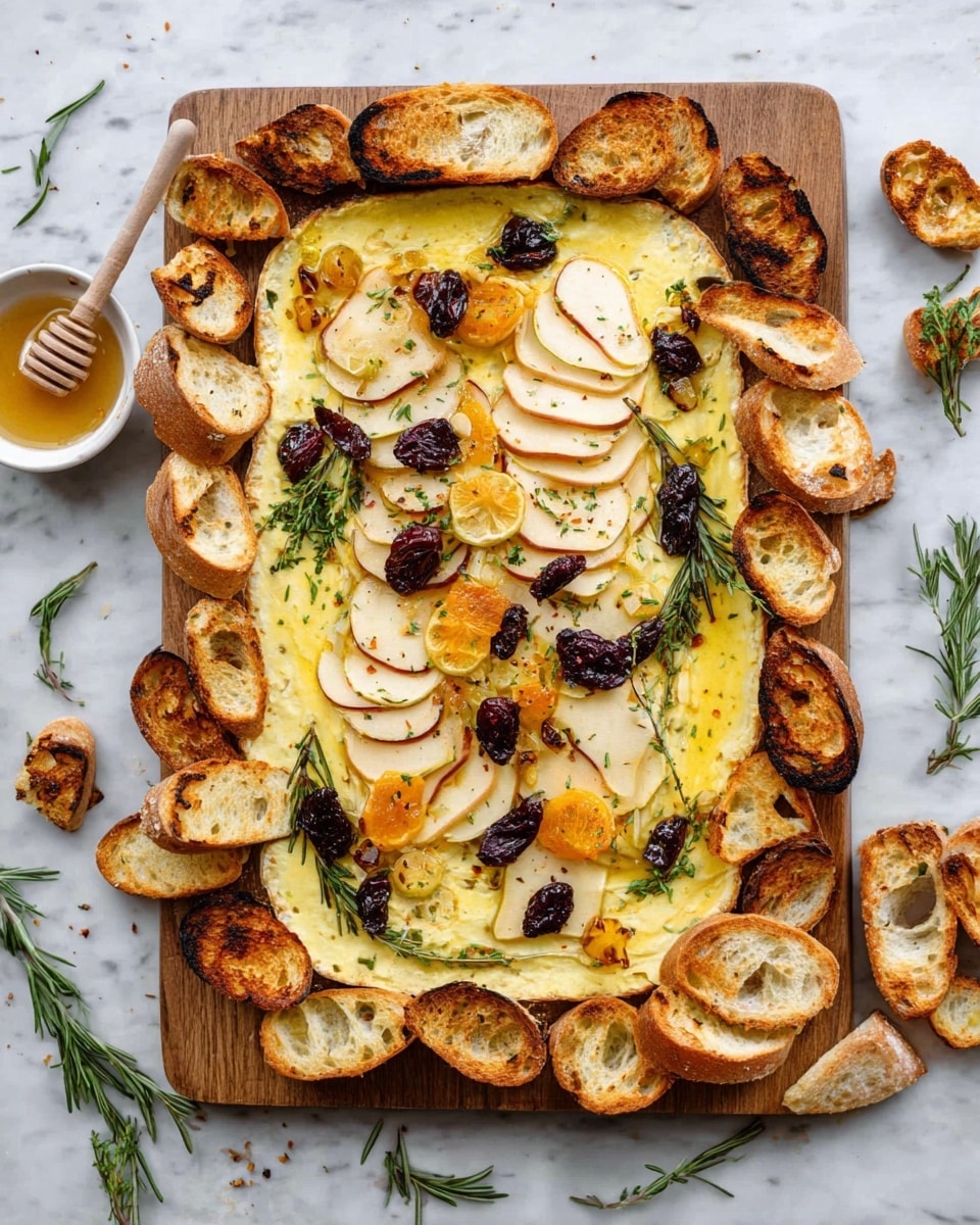 A rectangular wooden board holds a creamy yellow melted cheese base spread evenly across it. On top of the cheese, there are thin slices of dried apples and orange-colored dried fruit pieces scattered along with dark dried berry pieces and fresh green rosemary sprigs. Surrounding the cheese layer is a border of toasted bread pieces, some sliced and some grilled, with golden-brown crusts and soft white inside visible. The board is placed on a white marbled surface with a small white bowl of honey and a honey dipper to the side, along with a few scattered rosemary sprigs. photo taken with an iphone --ar 4:5 --v 7