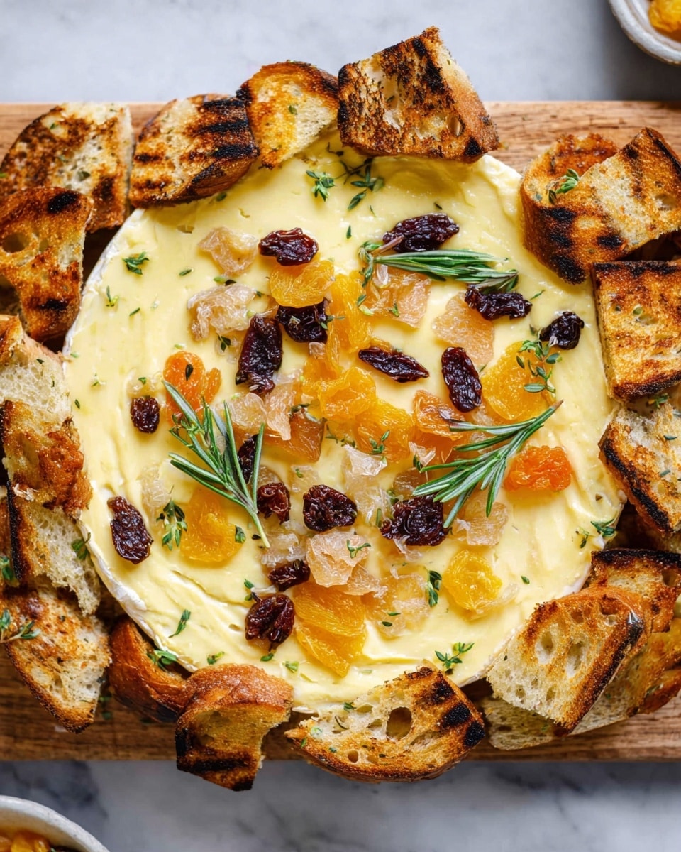 The image shows a wooden board covered in a creamy, smooth yellow cheese layer spread evenly across the middle. On top of the cheese, there are scattered pieces of dried fruits in various colors, including orange, pale beige, and dark purple, along with a few fresh green rosemary sprigs adding a touch of bright green. Around the cheese layer, there is a border of grilled toasted bread slices in golden brown with visible crisp texture. The whole setting is on a white marbled surface with a light, natural look. Photo taken with an iphone --ar 4:5 --v 7