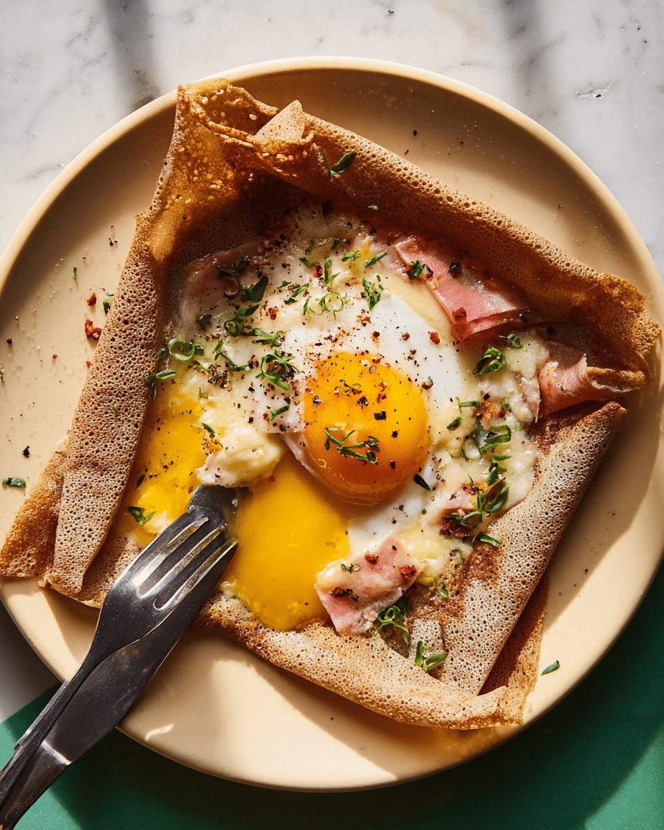 A white plate holds a square buckwheat crepe with folded, crispy brown edges showing a rough texture. Inside, a bright yellow egg yolk and a white, tender cooked egg white sit in the middle, partly cut open so the yolk oozes out onto the crepe. Melted white cheese covers part of the egg, with bits of pink ham visible underneath. The dish is sprinkled with small green herbs and black pepper. A fork and knife rest on the plate, the knife spreading yolk on the crepe. The plate is set on a white marbled surface. photo taken with an iphone --ar 4:5 --v 7