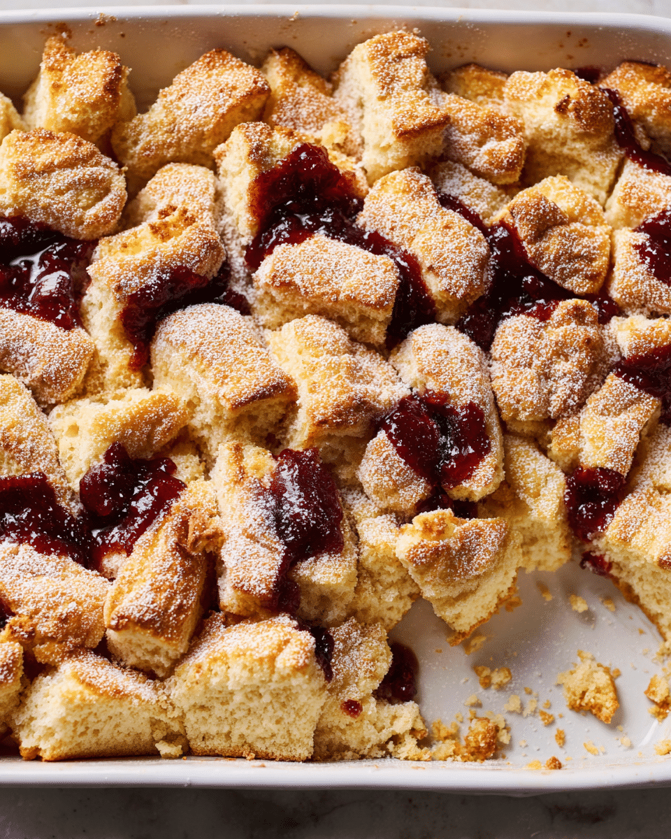 The image shows a white rectangular baking dish filled with a layered dessert made from many small, golden-brown cake pieces. The cake pieces are soft and spongy with a slightly cracked texture, dusted lightly with powdered sugar. Between and on top of these layers are juicy, dark red jam dollops, adding color contrast and a glossy texture. The bottom of the dish reveals a few crumbs and broken bits of cake, showing the moist interior. The white marbled background enhances the warm, homey look of the dessert. Photo taken with an iphone --ar 4:5 --v 7