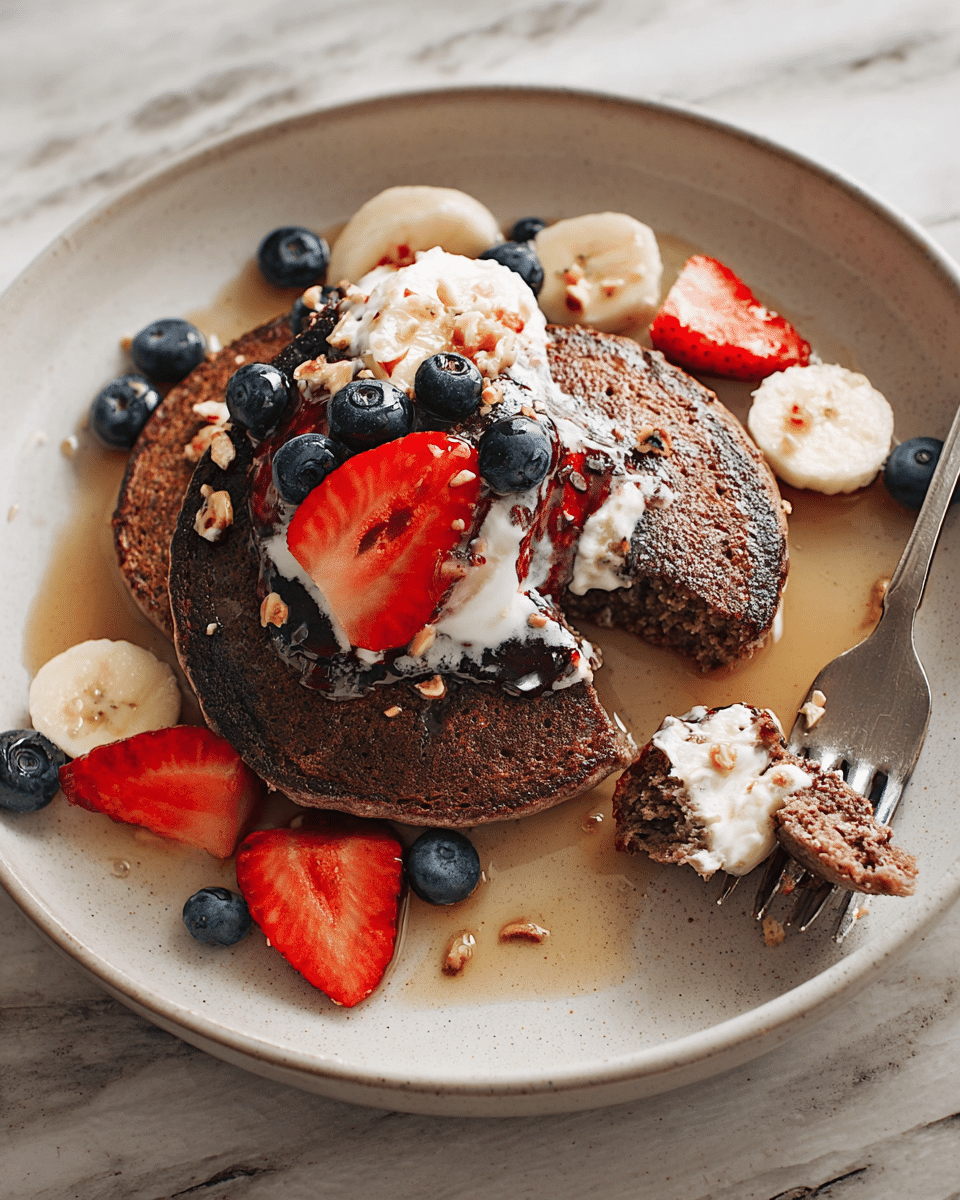 Two dark brown pancakes stacked slightly offset on a white speckled plate sit on a dark wooden table with a silver fork resting on the side. On top of the pancakes is a layer of white cream, covered with shiny red strawberry slices, deep blue blueberries, and round pale yellow banana slices. There are also small, scattered pieces of toasted light brown coconut flakes and pools of golden syrup around the fruit and pancakes, creating a colorful, textured look. photo taken with an iphone --ar 4:5 --v 7
