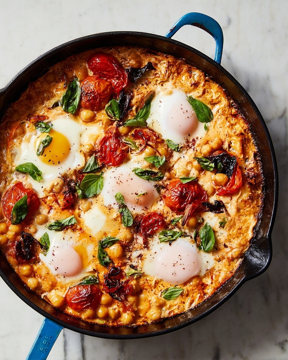 The image shows a black cast iron skillet filled with a cooked dish that has three white cooked eggs with soft yolks spread evenly across the top layer. Surrounding the eggs are bright red roasted cherry tomato halves and light brown pieces of bacon. The base layer is creamy and orange-tinted with visible beans and spices mixed in. Scattered green fresh basil leaves are placed on top, adding color contrast against the eggs and tomatoes. The skillet sits on a white marbled textured surface. photo taken with an iphone --ar 4:5 --v 7