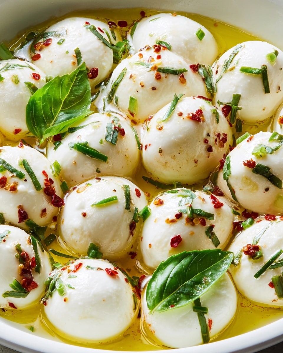 A white bowl filled with smooth, round white mozzarella balls floating in golden olive oil. The mozzarella is sprinkled with small green chives and red chili flakes, adding specks of color. Bright green basil leaves are scattered across the top, giving a fresh touch. A silver spoon rests on the edge of the bowl. The bowl sits on a white marbled surface. photo taken with an iphone --ar 4:5 --v 7