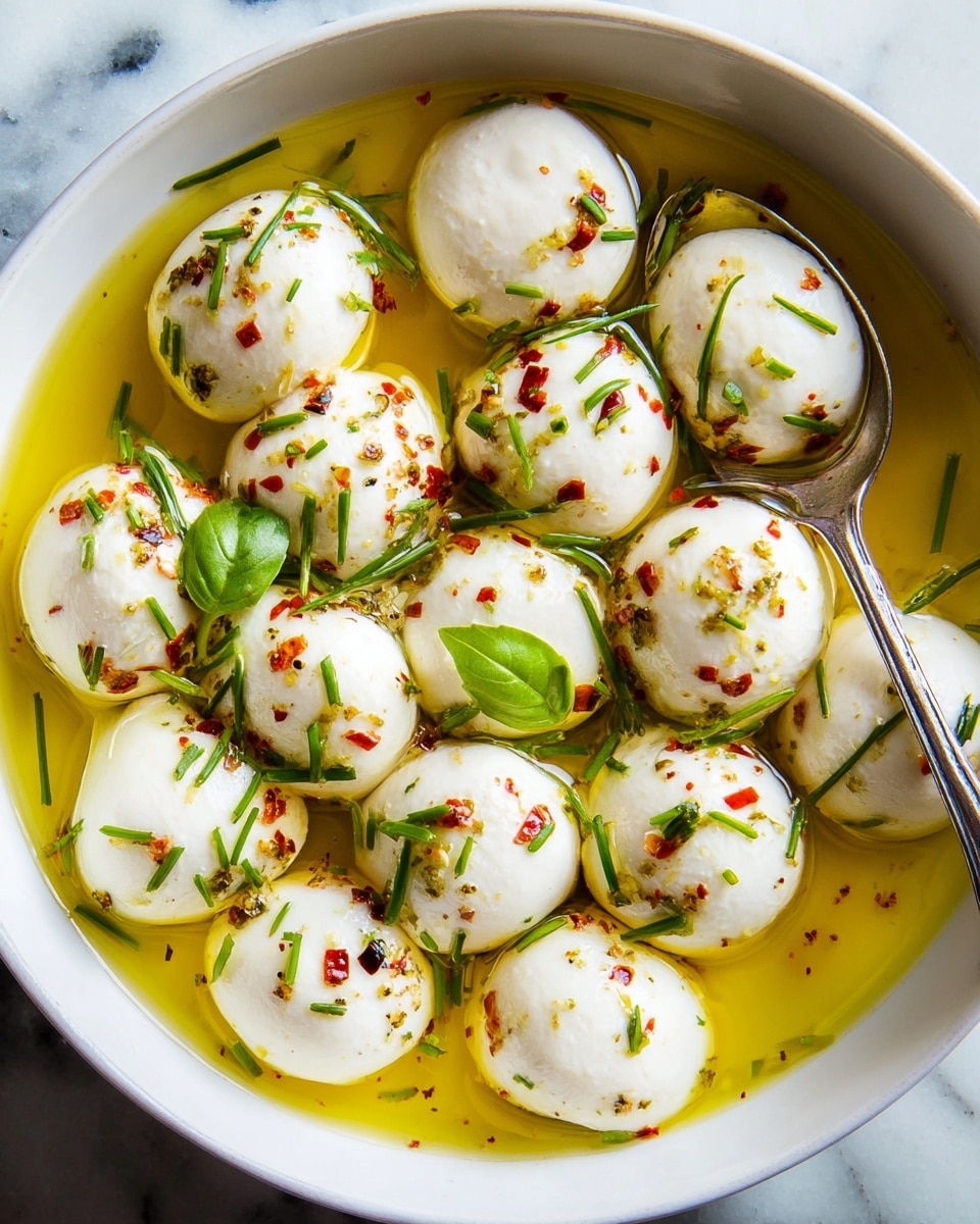 A close-up view shows many white, smooth, round balls of fresh mozzarella cheese resting in a shallow layer of golden olive oil on a white plate. The mozzarella balls are garnished with small bright green chopped chives and scattered red chili flakes. Fresh whole green basil leaves are placed among the cheese balls, adding contrast to the white cheese. The overall surface is glossy and wet from the oil, with a few shadows showing the soft texture of the cheese. Photo taken with an iphone --ar 4:5 --v 7