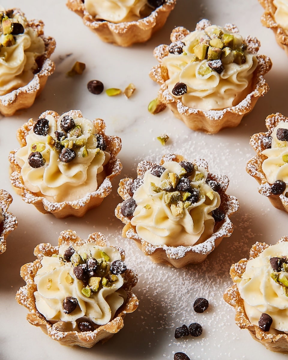 The image shows several small pastry cups arranged closely together on a white marbled surface, each with a crispy, golden-brown flaky shell forming the first layer. The second layer is a smooth, creamy white filling piped into each cup, topped with tiny dark chocolate chips or small green nut pieces scattered on top. A fine dusting of white powdered sugar is falling gently over the pastries and surface, adding a snowy, delicate texture to the whole scene. photo taken with an iphone --ar 4:5 --v 7