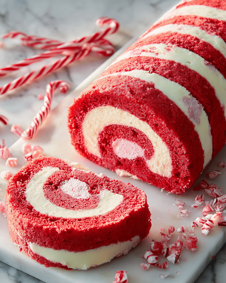 A bright red and white swirled cake roll with four visible layers: two red sponge cake layers alternating with two creamy white and light pink filling layers inside, creating a spiral pattern from the center outwards. The outside layer shows evenly spaced thick white stripes over the red cake. The roll is on a white marbled tray, surrounded by whole and broken red-and-white striped candy canes and small candy pieces scattered around. The cake slice is placed in front of the roll, showing the detailed swirl inside. photo taken with an iphone --ar 4:5 --v 7