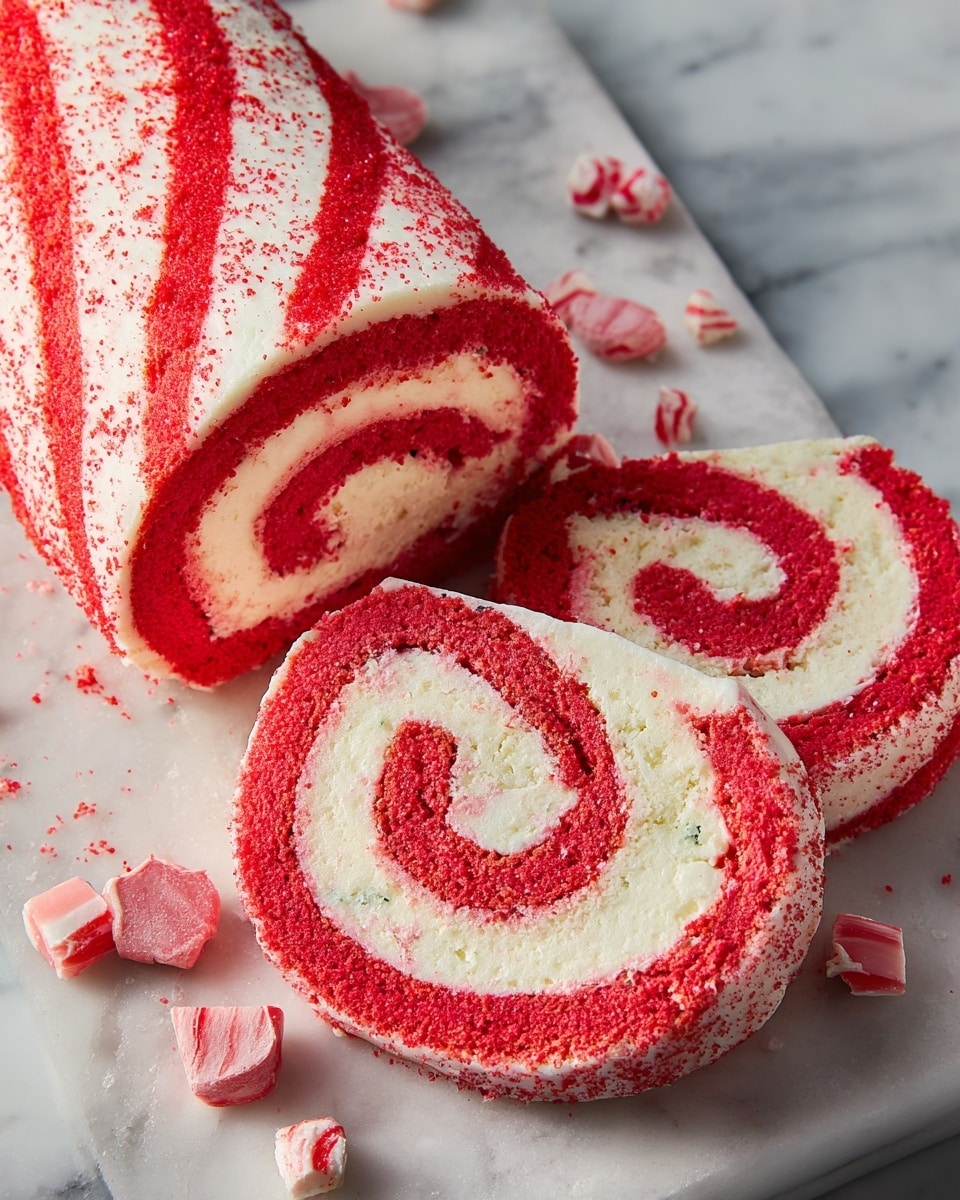 A rolled cake with bright red and white spiral stripes on the outside sits on a white marbled surface. The cake is sliced into three pieces, revealing two layers inside: a red sponge layer swirled with a creamy pink filling, both creating a spiral pattern that matches the outside. Small chunks of red and white candy are scattered around the cake for decoration. The texture of the cake looks soft and moist, while the filling appears smooth and fluffy. photo taken with an iphone --ar 4:5 --v 7