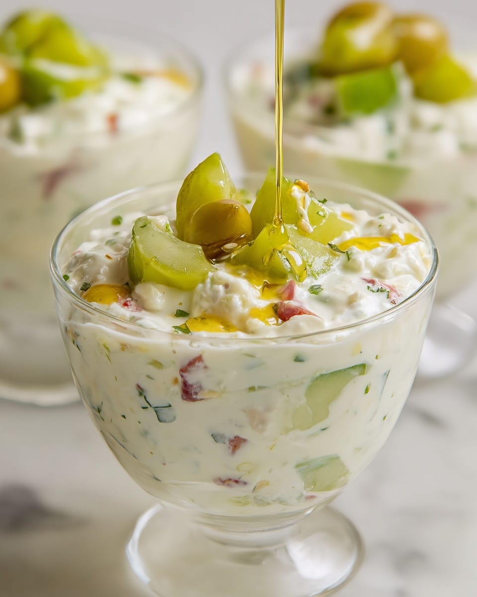 A clear glass cup filled with a creamy white salad that has small green and red bits mixed inside, topped with larger chunky green pieces that look soft and ripe, with golden oil being gently poured over the top which adds a shiny texture. The cup is placed on a surface with a white marbled texture and there are other similar cups blurred in the background. photo taken with an iphone --ar 4:5 --v 7