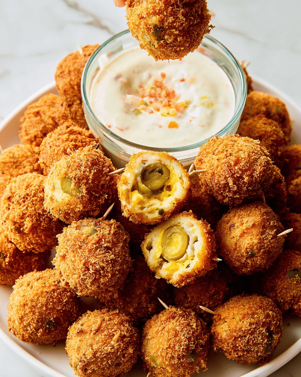 A white plate filled with many golden-brown crispy fried balls with a rough, crunchy texture, some pierced with toothpicks. Two of the fried balls are cut open, showing a green olive center with a creamy yellow cheese filling inside. At the top left of the plate, there is a clear glass bowl filled with a thick white dipping sauce that has small bits of red, green, and orange mixed into it; one fried ball is held above the bowl by a woman's hand, being dipped into the sauce. The background is a white marbled texture. photo taken with an iphone --ar 4:5 --v 7