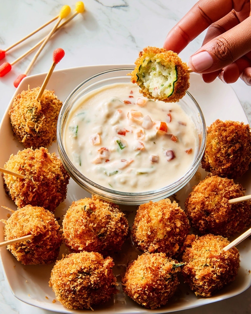 The image shows a white square plate filled with golden-brown, crispy fried balls, likely hush puppies or fried zucchini bites, arranged around a clear glass bowl of creamy white dipping sauce with small pieces of red and green vegetables mixed in. One fried ball is being held by a woman's hand using a small wooden skewer with a red tip and is partially dipped into the sauce that has a thick, slightly chunky texture. Additional wooden skewers with red and yellow tips lie on the white marbled surface around the plate. The fried balls have a rough, crunchy texture and one is cut open to reveal a soft green inside with creamy filling. Photo taken with an iphone --ar 4:5 --v 7