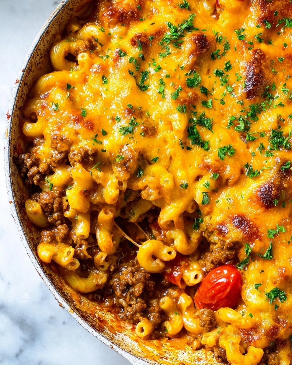 The dish shows a single thick layer of baked macaroni covered in melted golden-orange cheddar cheese, browned in spots. Below the cheese, small elbow-shaped pasta pieces are mixed with browned ground beef and scattered halved cherry tomatoes in a rich, slightly oily sauce. Bright green chopped parsley is sprinkled on top, adding a fresh contrast. The food is in a lightly chipped white pan placed on a white marbled surface, with melted cheese stretching slightly toward the pan edge. photo taken with an iphone --ar 4:5 --v 7