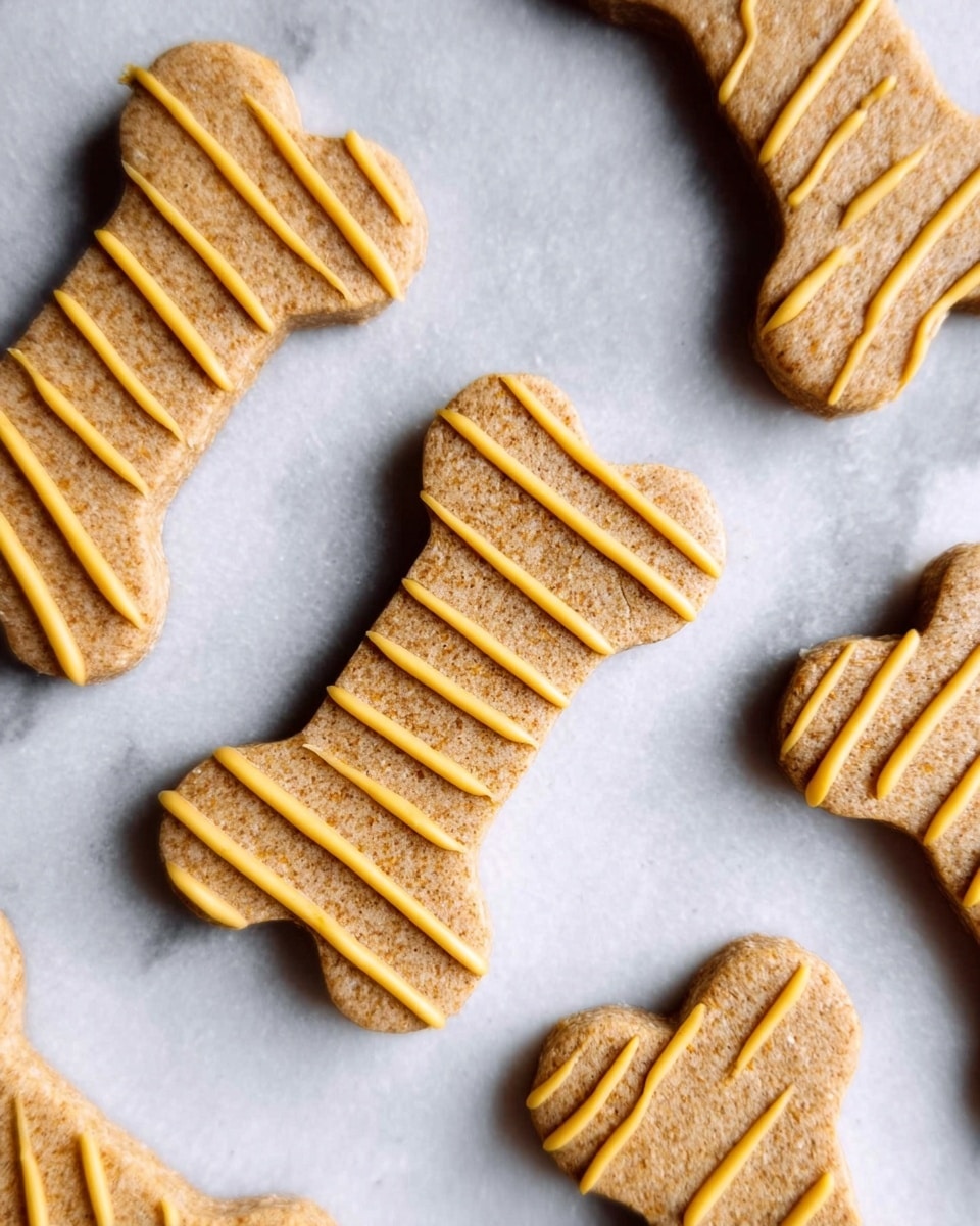 The image shows several bone-shaped cookies placed on a white marbled surface. Each cookie has a light brown color and a coarse texture, suggesting they might be made from whole grains or a grainy dough. On top of each cookie, there are thin diagonal lines of yellow icing evenly spread across the surface, adding a smooth and shiny contrast to the rough cookie texture. The cookies are arranged scattered, with some partially in the frame, creating a casual, natural look. photo taken with an iphone --ar 4:5 --v 7