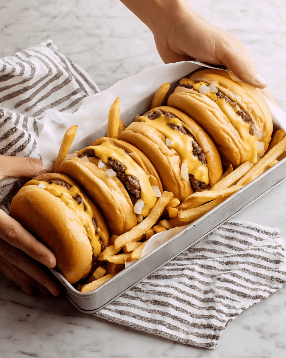 A close-up view of a tall triple cheeseburger stack with three golden, soft, shiny top buns and three juicy, thick grilled beef patties, each layered with melted pale yellow cheddar cheese and caramelized translucent onions, all stacked neatly on a white marbled surface with a few golden brown French fries peeking from the side, highlighting the burger's rich, gooey texture and warm colors, photo taken with an iphone --ar 4:5 --v 7