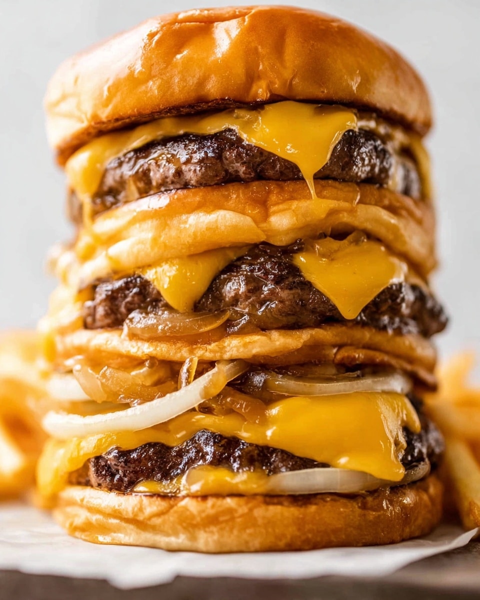 A metal rectangular box lined with white parchment paper holds four cheeseburgers and French fries. Each cheeseburger has one light golden brown bun on the bottom and one on top, both smooth and soft-looking, sandwiching a thick beef patty with melted yellow cheese and small bits of chopped white onions. Crispy golden French fries are placed standing next to and between each burger inside the box. A woman's hand reaches from the front right corner touching the box, while another woman's hand is behind the box supporting it, all set on a white marbled surface with a striped cloth in the background. Photo taken with an iphone --ar 4:5 --v 7