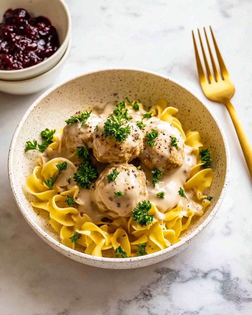 A white speckled bowl contains a dish made of three layers: the bottom layer is yellow curly egg noodles with a slightly soft texture, the middle layer has five light brown meatballs coated in a creamy beige sauce, and the top layer is fresh green parsley leaves scattered on top and around the meatballs. The sauce has a smooth, glossy texture with small black pepper bits sprinkled across the dish. To the right of the bowl is a golden fork, and in the upper background on a white marbled surface, there is a small white bowl with a dark red chunky sauce. Photo taken with an iphone --ar 4:5 --v 7