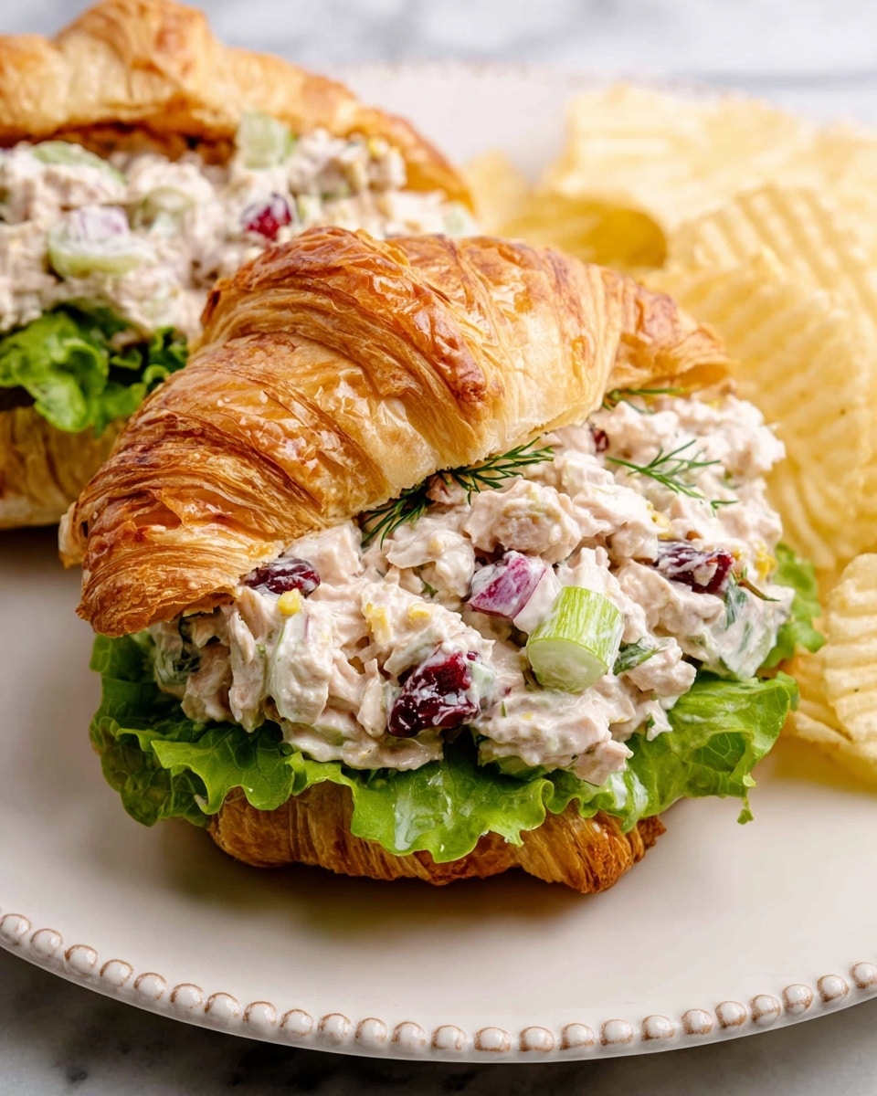 A golden brown croissant sandwich cut in half, filled with a creamy chicken salad mixture featuring visible chunks of chicken, diced green celery, red onion, small red cranberries, and fresh dill, all resting on bright green leafy lettuce inside the croissant. The sandwich sits on a round white plate with a beaded edge, and in the background, there are pale yellow crinkle-cut potato chips. The whole scene is set on a white marbled surface. photo taken with an iphone --ar 4:5 --v 7
