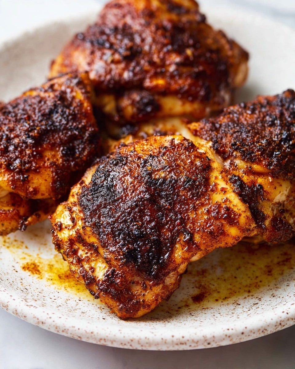 The image shows four pieces of grilled chicken thighs with a dark, crispy, and spicy-looking crust on top, sitting closely together on a white speckled plate. The chicken pieces are richly browned with charred spots, revealing a textured surface with a mix of golden yellow, reddish-brown, and black colors. The plate rests on a muted purple cloth on a white marbled texture surface. To the top right edge of the image, a white bowl filled with bright green and orange mixed steamed vegetables is partially visible. photo taken with an iphone --ar 4:5 --v 7