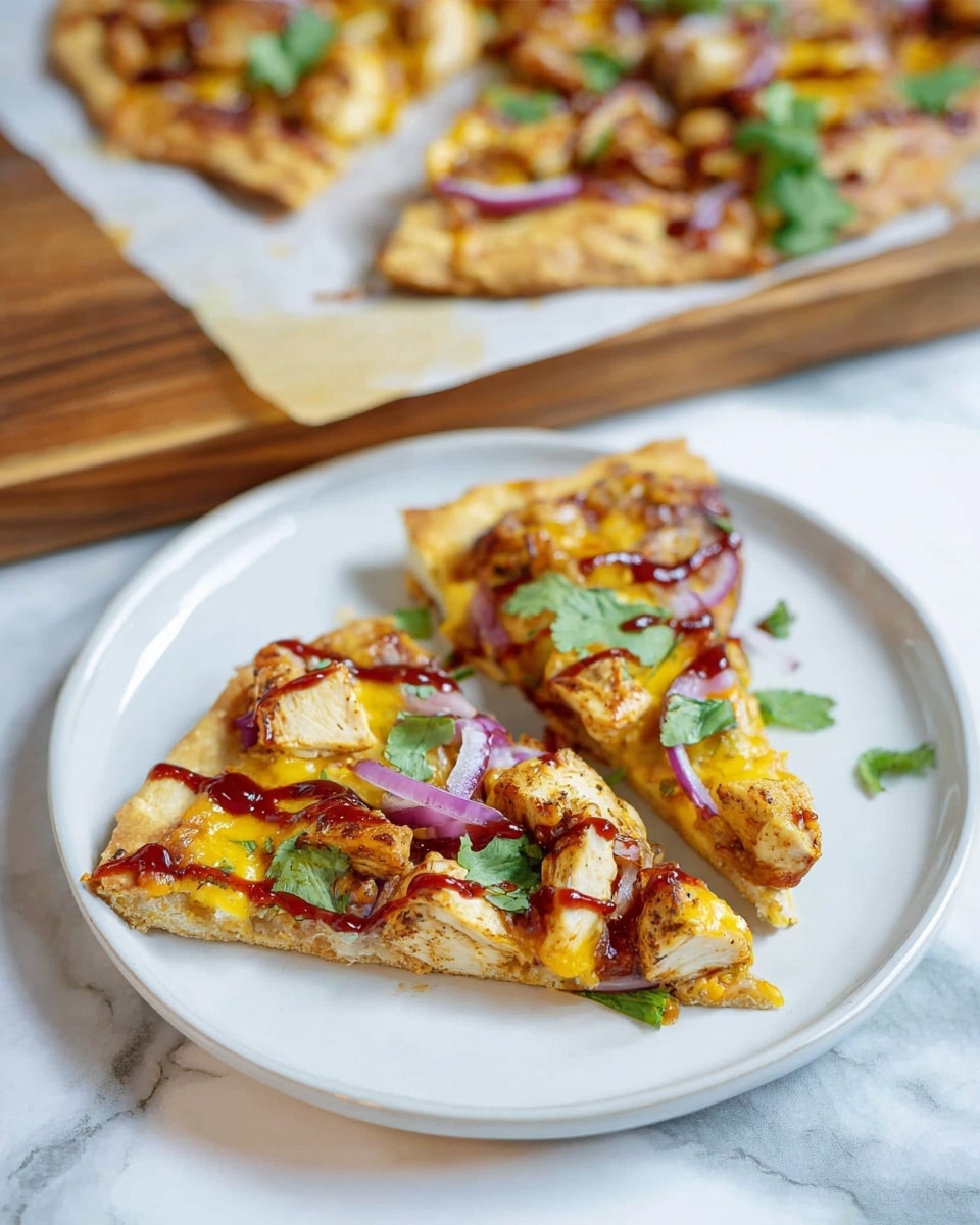 Two slices of pizza sit on a white plate on a white marbled surface. Each slice has a thin crust base topped with melted yellow cheese, chunks of grilled chicken browned with seasoning, thin slices of red onion, and bits of fresh green cilantro. A drizzle of dark red sauce runs across the chicken pieces, adding contrast. In the background, more slices of the pizza rest on parchment paper atop a wooden board. Photo taken with an iphone --ar 4:5 --v 7