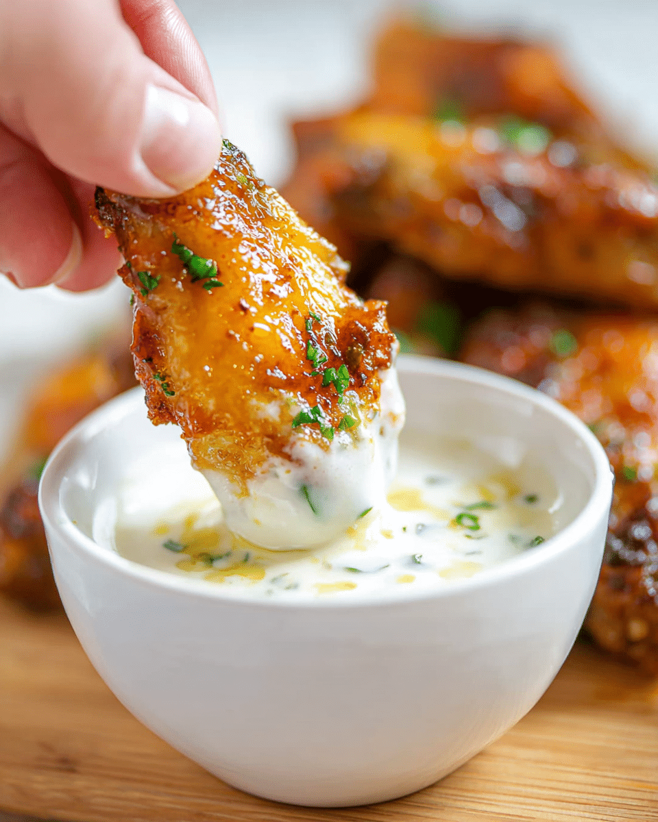 A white plate holds a pile of golden brown chicken wings, each coated in a shiny, slightly sticky glaze and sprinkled with small green herb pieces. The wings are arranged in a small mound on a white parchment paper, giving a layered look with some wings at the bottom and some resting on top, showing their crispy texture. To the right side of the plate is a small white bowl filled with smooth, creamy white dipping sauce, garnished with chopped green herbs. In the background, there is another white bowl with a yellow dipping sauce on a wooden coaster, and fresh green herb leaves scattered on the white marbled surface. The whole setup is bright and clean, with warm colors from the wings standing out. photo taken with an iphone --ar 4:5 --v 7