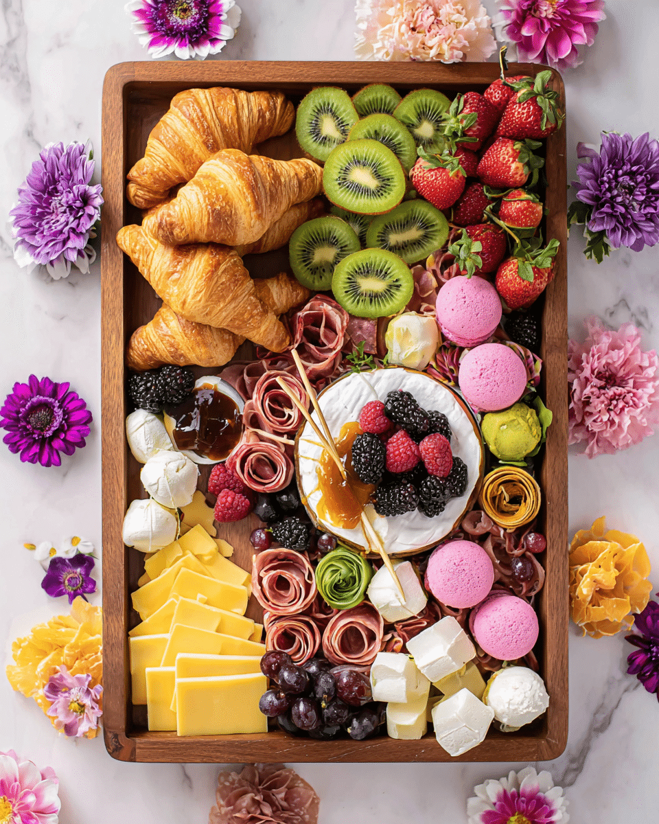 A wooden tray filled with a colorful and neat arrangement of food sits on a white marbled surface with scattered flowers around. At the bottom left, there are five golden brown croissants. Next to the croissants, there are small wedges of yellow and white cheese stacked in rows. Above the cheese are round white and pink truffle-like balls. Slices of green kiwi and dark purple grapes form horizontal layers near the top. Strawberries form a red cluster at the upper right corner with green grapes beside them. Near the center of the tray is a round white cheese topped with blackberries and raspberries and drizzled with honey, with two thin sticks crossing on top. Smaller cubes of white cheese are spread near the center, along with rolled slices of pink deli meat arranged like flowers placed in various spots. Red and pink wrapped chocolates add bright dots. Slices of fresh orange and blackberries with folded slices of salami complete the display on the right side. Purple and white flowers are used to decorate several places on the board. photo taken with an iphone --ar 4:5 --v 7