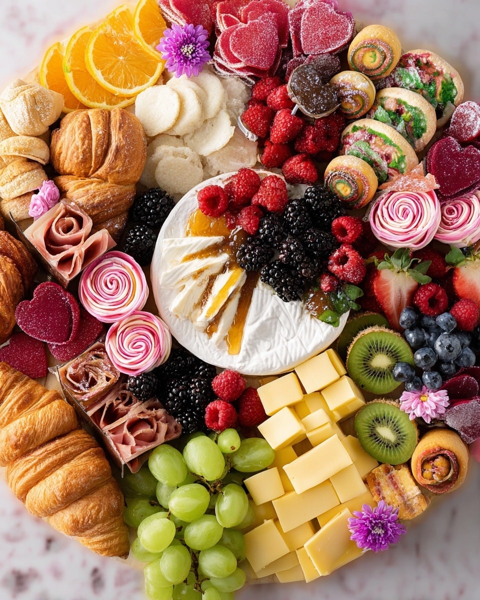 A large white platter on a white marbled surface holds a colorful and neatly arranged charcuterie spread. At the center is a round wheel of soft white cheese sliced almost through, topped with blackberries, raspberries, and drizzled honey. Around it are layers of green grapes, red strawberries, blueberries, kiwi slices, and purple grapes. Meat slices shaped like roses are placed beside cubes of yellow and white cheese, and a few slices are rolled in small stacks. There are small round sugar-dusted cookies stacked near some yellow and white cheese slices, with green-wrapped chocolates next to golden croissants adorned with pink and white flowers. Heart-shaped red-wrapped chocolates add a bright contrast near the cheeses, and orange slices form a crescent shape in one corner. The whole arrangement is colorful with a mix of textures, fresh fruits, meats, cheeses, flowers, and baked goods. photo taken with an iphone --ar 4:5 --v 7