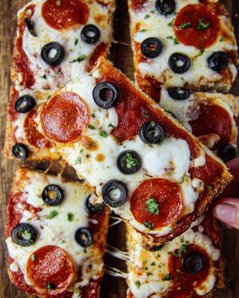 A close-up image of four pizza slices laying on a wooden surface, each slice showing three main layers: a thin, golden-baked crust base at the bottom, a layer of bright red tomato sauce just above the crust, and a thick layer of melted white cheese covering the sauce. On top of the cheese are round, orange-red pepperoni slices and sliced black olives scattered throughout. Small green herb pieces are sprinkled over the cheese, pepperoni, and olives, adding a fresh touch. The photo captures the texture of the crust's edge and the glistening cheese in clear detail. photo taken with an iphone --ar 4:5 --v 7