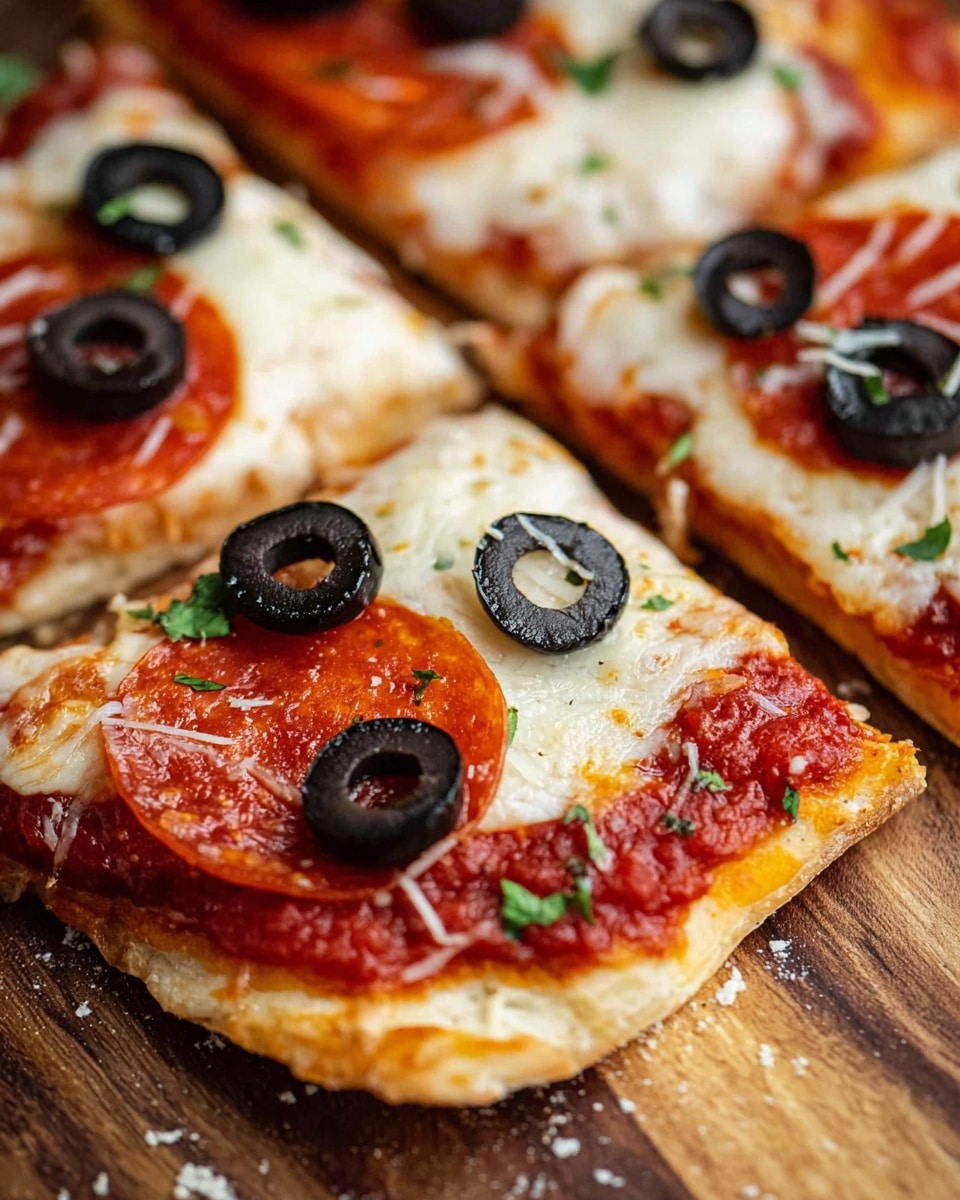 The image shows several rectangular pizza slices on a wooden surface with a woman's hand holding one slice. Each slice has three main layers: a golden brown crust base, a red tomato sauce layer spread evenly on top, and a thick layer of melted white cheese covering most of the surface. The slices are topped with round slices of bright red pepperoni and black olive rings scattered evenly. Small green herb pieces are sprinkled lightly across the cheese layer, adding a touch of color. The cheese looks stretchy and slightly browned in spots near the edges. Photo taken with an iphone --ar 4:5 --v 7