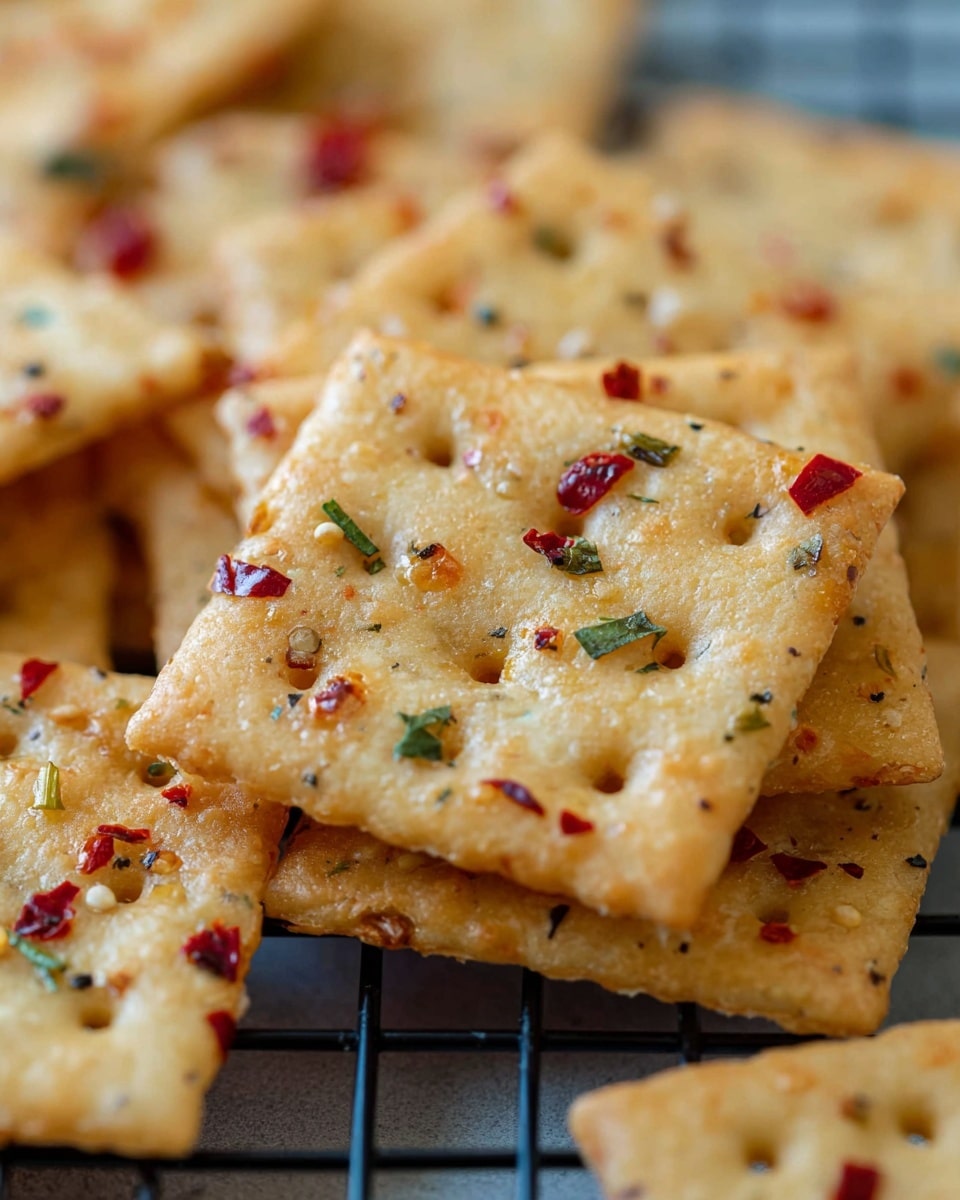 A white plate is stacked high with many square crackers arranged in layers, showing about three layers. The crackers have a light golden color with a slightly toasted texture and small holes in a patterned design. Each cracker is sprinkled with red chili flakes and tiny bits of green herbs, giving them a spicy look. The plate sits on a white marbled textured surface. Some red chili flakes and crumbs are scattered lightly around the plate. photo taken with an iphone --ar 4:5 --v 7