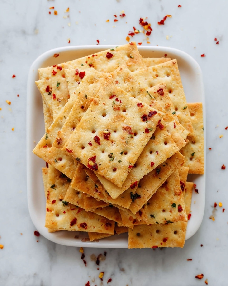 The image shows square-shaped crackers with a light golden color and a slightly crispy texture. The crackers have small holes and are topped with red chili flakes, tiny green herb bits, and specks of black pepper, giving them a spicy and flavorful look. They are arranged in a stacked pile on a cooling rack, and the focus is on one cracker in the front, clearly showing its crunchy surface and seasoning details. The background is softly blurred with more crackers visible, all placed on a white marbled texture. Photo taken with an iphone --ar 4:5 --v 7