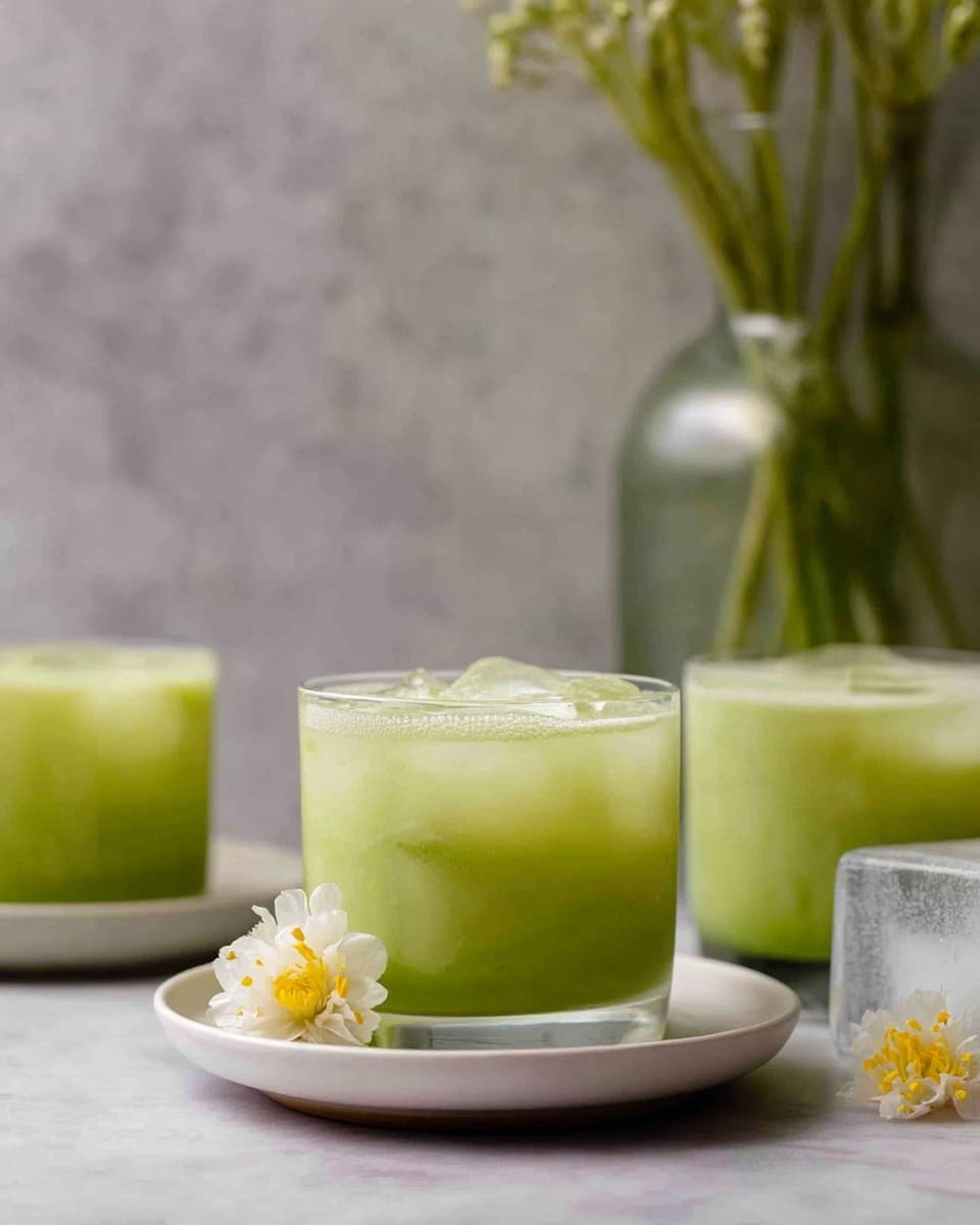 The image shows three short clear glasses filled with a light green drink and ice cubes; the glass in the center is placed on a white plate with a small white and yellow flower next to it. The drinks have a smooth, frothy surface with visible ice cubes inside, and the background is a soft gray with a large glass vase holding green stems blurred in the background. The setting is on a white marbled surface, and a single ice cube with a small yellow and white flower rests to the right of the plate. photo taken with an iphone --ar 4:5 --v 7