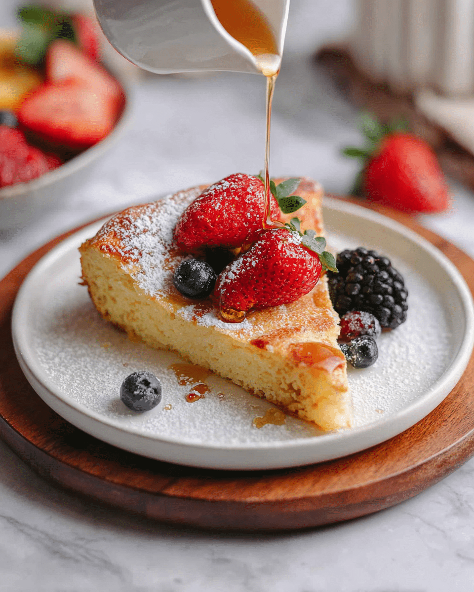 A single golden-brown pancake slice sits on a stack of two white plates, with a light dusting of powdered sugar on top and inside its fluffy texture. On the pancake are fresh berries including two halved bright red strawberries, small round dark blueberries, and an oblong blackberry dusted with powdered sugar. Warm syrup is being poured over the berries, creating a glossy shine as it flows down. The plates rest on a wooden board over a white marbled surface, with blurred fruit pieces and a white container in the background. photo taken with an iphone --ar 4:5 --v 7