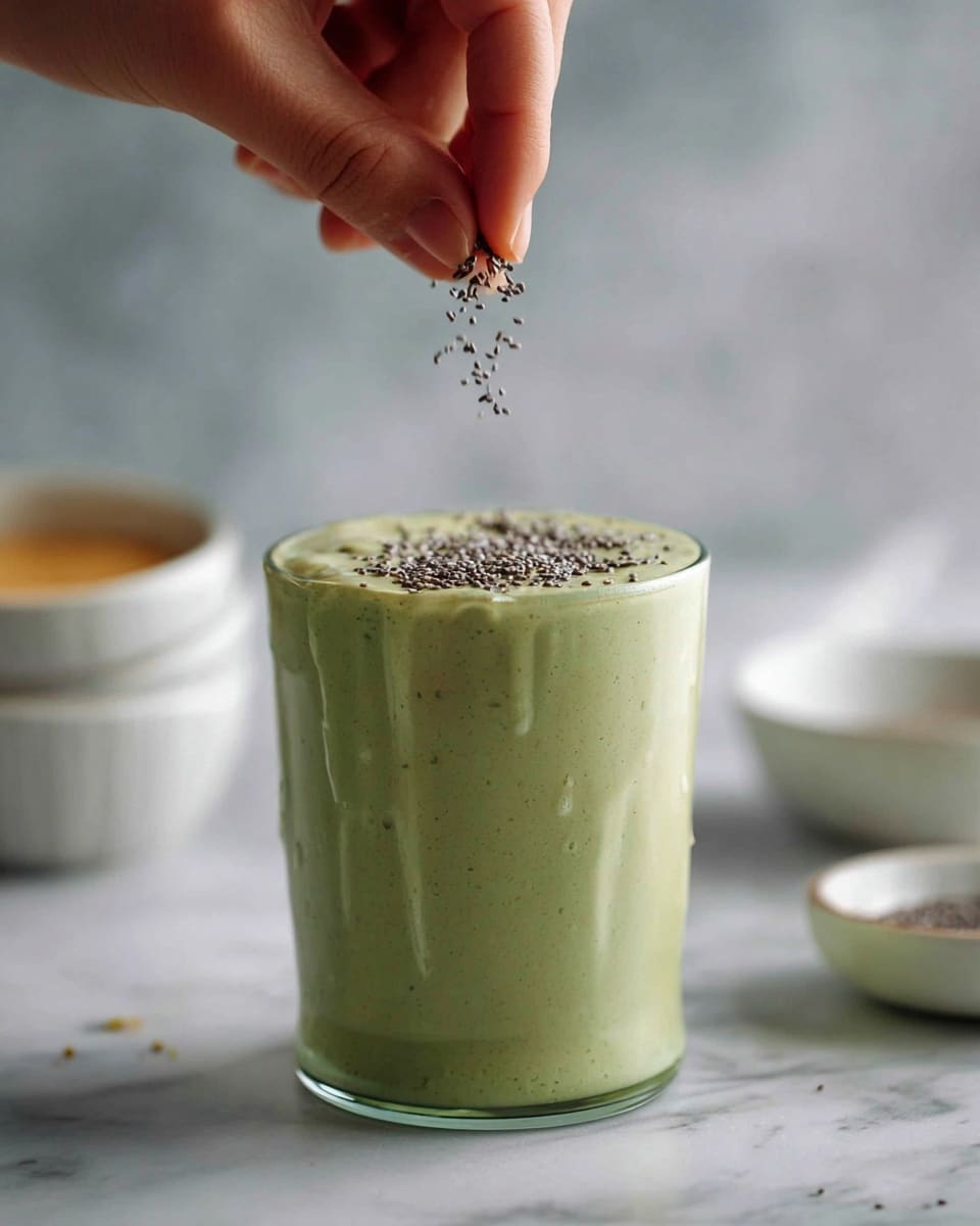 A clear glass is filled with a thick, pale green smoothie, with a smooth texture visible through the glass and a small overflow on the side near the base. Above the glass, a woman's hand sprinkles small black seeds, some seeds already resting on the surface of the smoothie. The background shows blurred white bowls and a white marbled surface. photo taken with an iphone --ar 4:5 --v 7