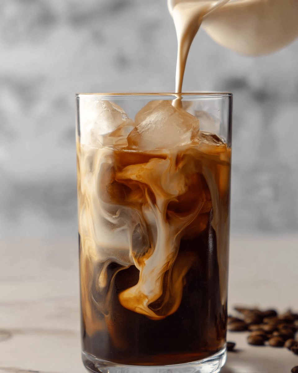 A tall clear glass filled with large ice cubes is shown with dark brown iced coffee at the bottom and in the middle layers, swirling as creamy light beige milk is poured in from above. The milk creates soft, flowing patterns blending with the coffee, giving a mix of smooth dark and light brown colors. The background has a simple white marbled texture, with coffee beans slightly blurred in the lower right corner. Photo taken with an iphone --ar 4:5 --v 7