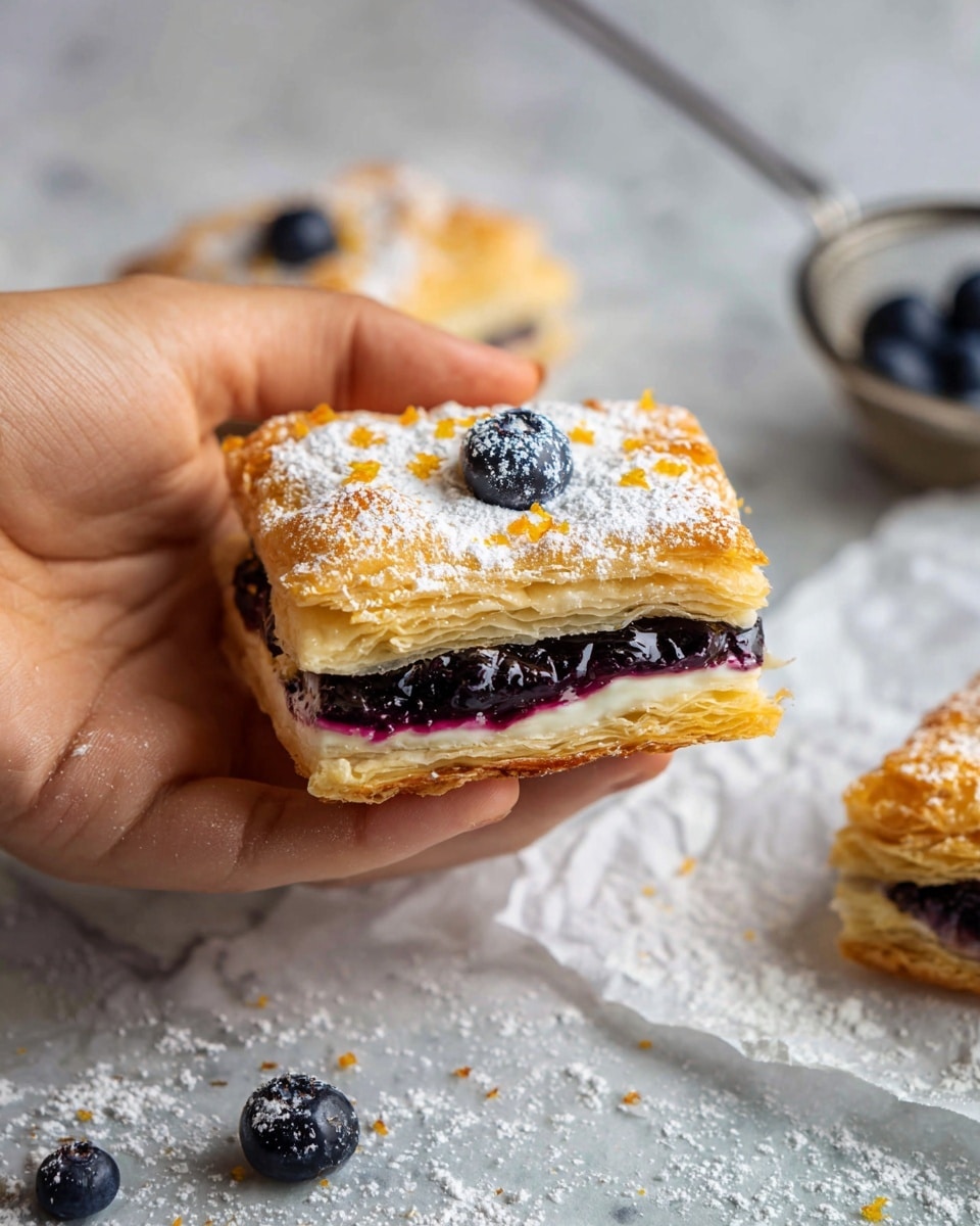 A close-up image of a square pastry held by a woman's hand, showing three visible layers: the base is golden-brown flaky puff pastry, on top of that is a smooth, light cream cheese layer, and the center is filled with a thick, dark purple blueberry jam. The pastry is dusted with white powdered sugar and small orange zest bits on top. Around the pastry, there are a few scattered blueberries and powdered sugar on white parchment paper laid over a white marbled surface. A metal sieve is lying in the background. Photo taken with an iphone --ar 4:5 --v 7