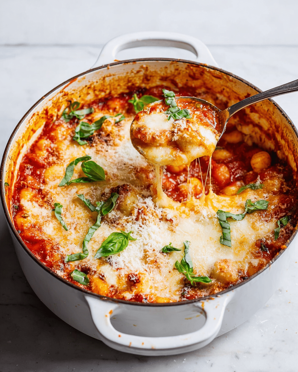 A white pot filled with a gnocchi dish sits on a white marbled surface. The bottom layer is bright red tomato sauce with a chunky texture, covering the gnocchi that look soft and light yellow. On top, melted mozzarella cheese creates a creamy, slightly browned layer with a stretchy texture where a spoon scoops some out on the right side. Fresh green basil leaves are scattered over the cheese, adding color contrast. The rim of the pot has traces of sauce, showing it was baked or cooked with the sauce. photo taken with an iphone --ar 4:5 --v 7